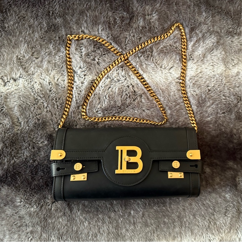 Balmain Black and Gold Clutch with Chain Strap and Textured Leather B-buzz